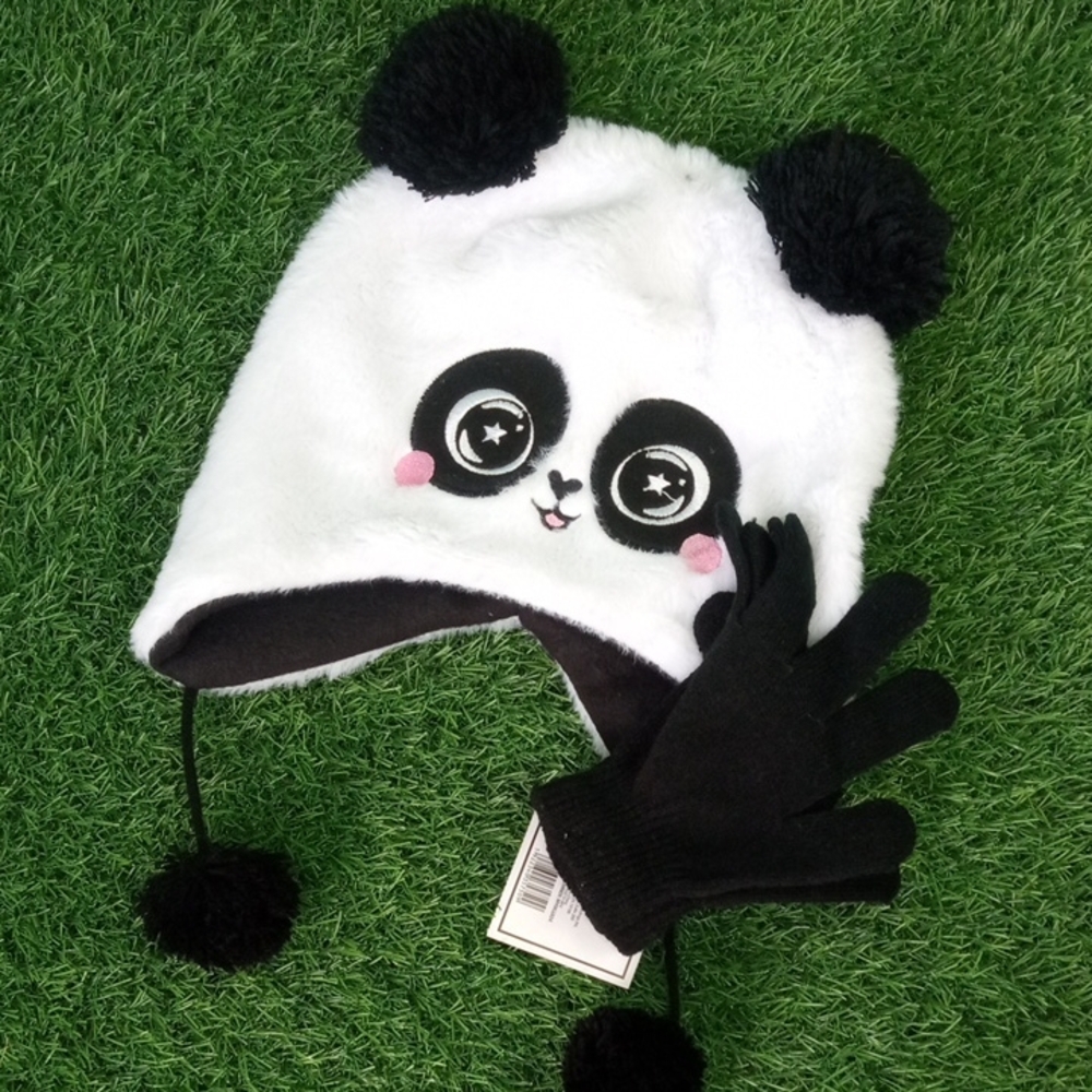 🛝 Kids Panda Earflap Beanie Hat and Gloves Set